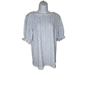 Zeagoo Floral Print Top‎ Pleated Puff Sleeve Blouse Casual Blue White M